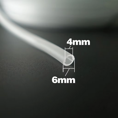 Air tubing, mostly silicone. Lasts longer, less toxic and more flexible than vinyl. 4 mm I.D., 6 mm O.D. Price per meter. 